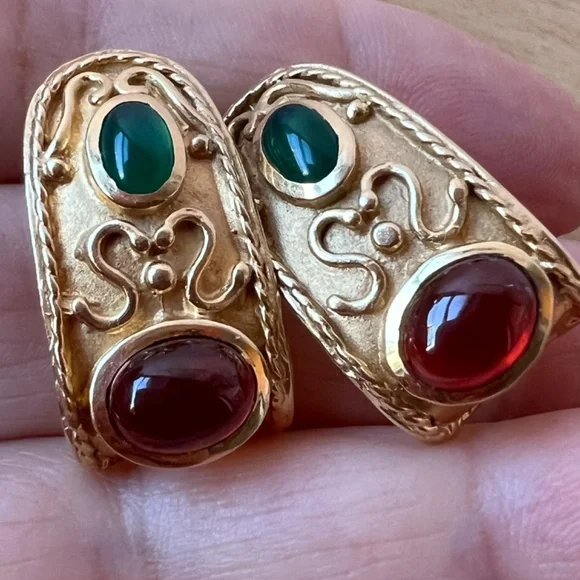 VINTAGE 14K GOLD CABOCHON GARNET GREEN CHRYSOPRASE EARRINGS STATEMENT CUSTOM - Picture 12 of 16